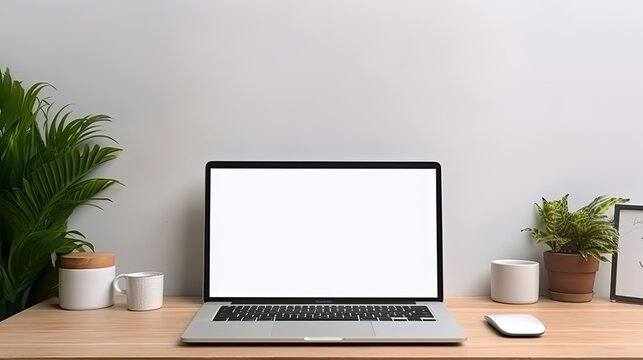 Blank screen workspace with laptop on table. Mockup image