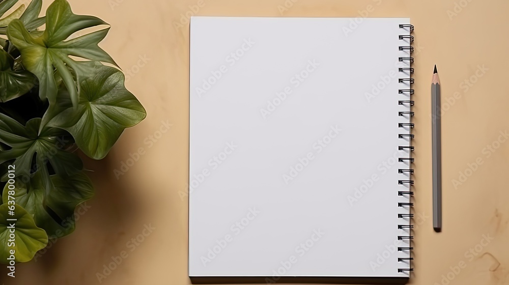 Poster flat lay top view of a mockup office desk with a white book 2022 diary computer keyboard and plant a