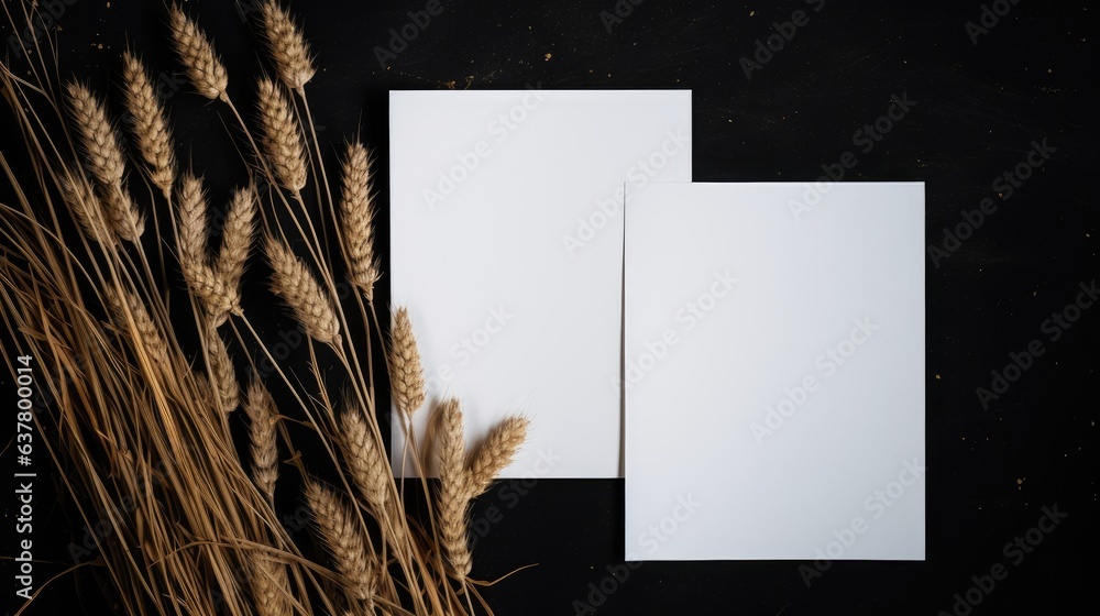 Aufkleber minimal brand template with blank paper cards on dark background dried grass stems included top view