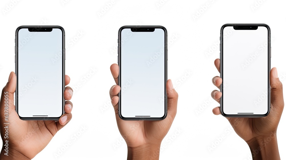 Poster panoramic view of woman s hands on white background using blank screened smartphone. mockup image