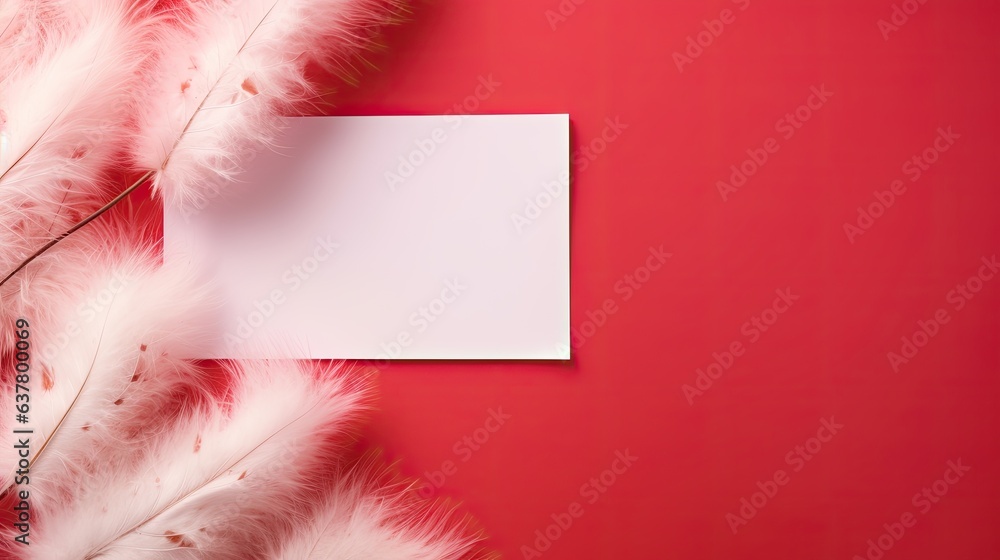 Aufkleber flat lay mockup cards with blank space fluffy bunny tail grass sunlight shadows on red background mi