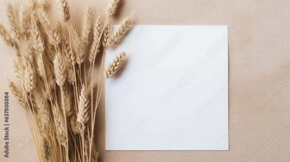 Poster blank white paper with dried grass decoration beige background invitation card mockup beige table fl