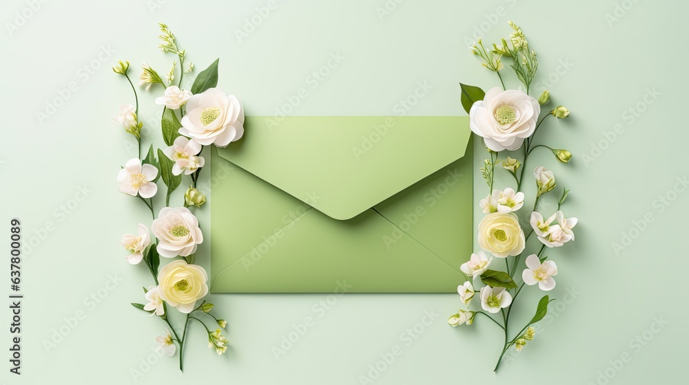 Poster rose flowers on white background with green envelope and copy space . mockup image