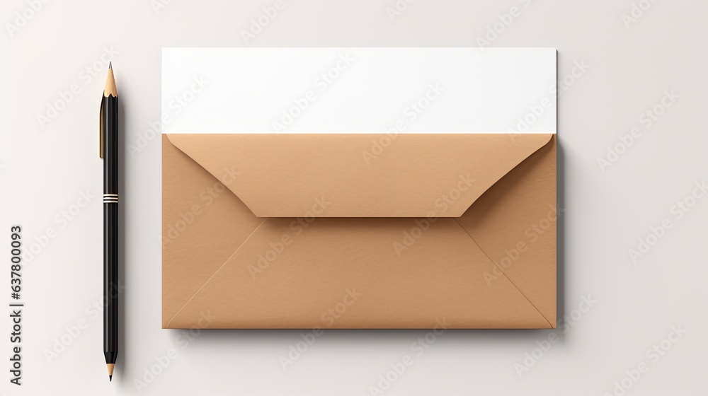 Poster minimal branding design template with blank card in kraft paper envelope and pencil on white backgro