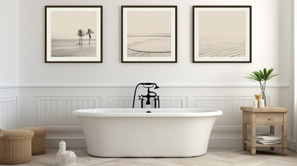 Naklejka na ściany i meble Empty frames in a bright bathroom. Mockup image