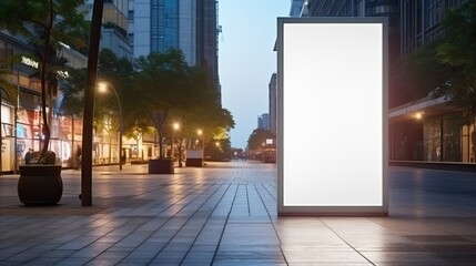 Downtown shopping center entrance with blank street billboard stand 3D illustration. Mockup image