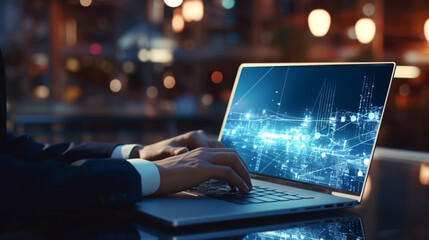 Businessman laptop using ,Social, media, Marketing concept with generative Ai