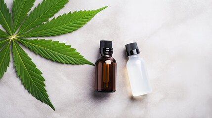 Fototapeta premium Green cannabis sativa leaves on marble table with dropper bottle label and pipette Cosmetics mockup copy space Organic skincare beauty product Eco friendly CBD o