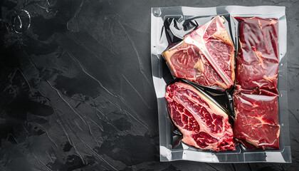 Dry aged steak in a vacuum. Meat products in plastic pack set, tomahawk, t bone and club steak cuts, on black stone background, top view flat lay, with copy space for text - obrazy, fototapety, plakaty