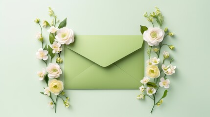 Rose flowers on white background with green envelope and copy space . Mockup image