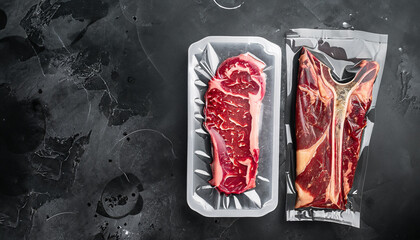 Dry aged steak in a vacuum. Meat products in plastic pack set, tomahawk, t bone and club steak...