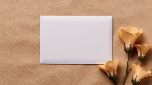 Blank card with placeholder space floral envelope on neutral beige linen classy business brand design ad or customizable card. Mockup image
