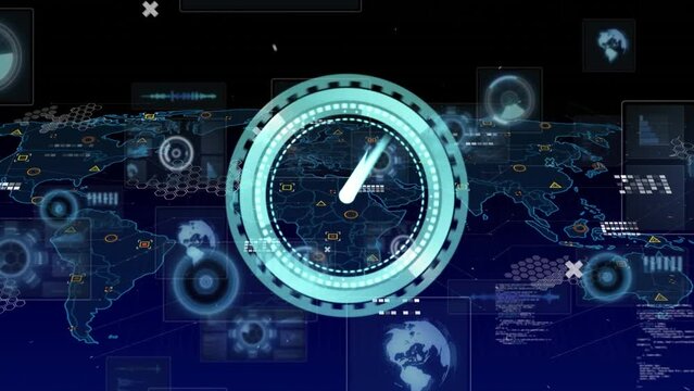 Animation of neon ticking clock, round scanners, data processing and world map