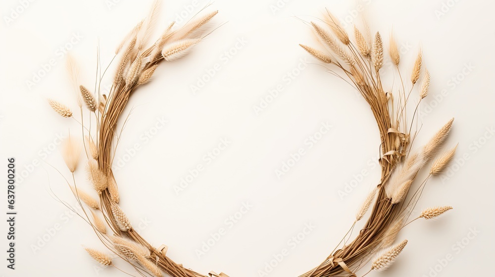 Poster flatlay boho floral template wreath frame with dried grass stems on a white background with copy spa