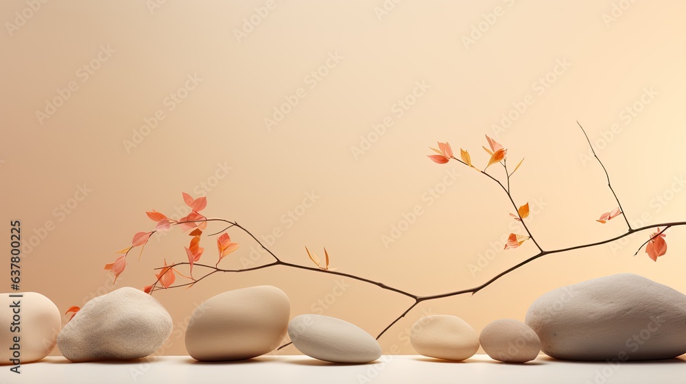 Poster neutral background with stones branch and natural colors ideal for beauty product branding and packa