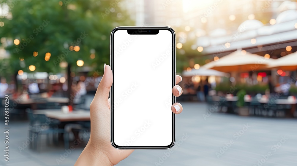 Poster hand holding a cell phone with a blank screen for texting outdoors representing business contact com