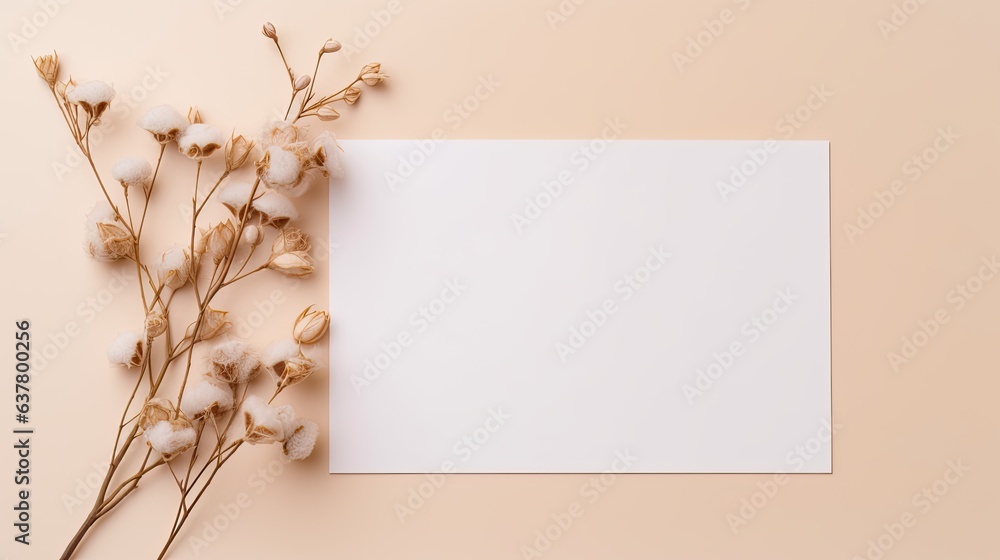 Aufkleber empty white paper with flowers and a branch on beige background invitation card mockup on table flat