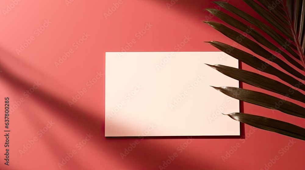 Poster Invitation or business card template with blank copy space and palm leaf on red background Minimal and luxurious design. Mockup image