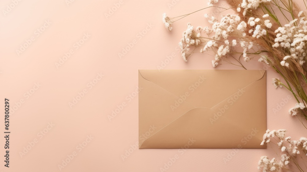 Poster mockup of an invitation or greeting card showcasing a craft paper envelope eucalyptus and gypsophila