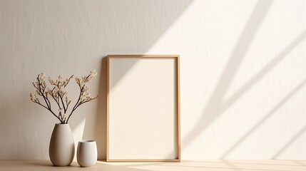 Empty frame on beige table with copy space vase with branches sunlight shadows on curtain background sustainable branding or design template. Mockup image