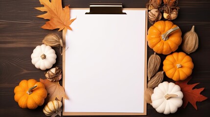 Top view of a clipboard tab with a blank paper sheet decorative pumpkins and dried grass representing autumn fall thanksgiving or Halloween with a mockup copy sp