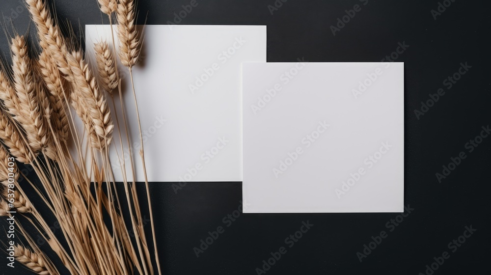 Aufkleber minimal business brand template with blank paper sheet cards dry grass stems on deep grey background
