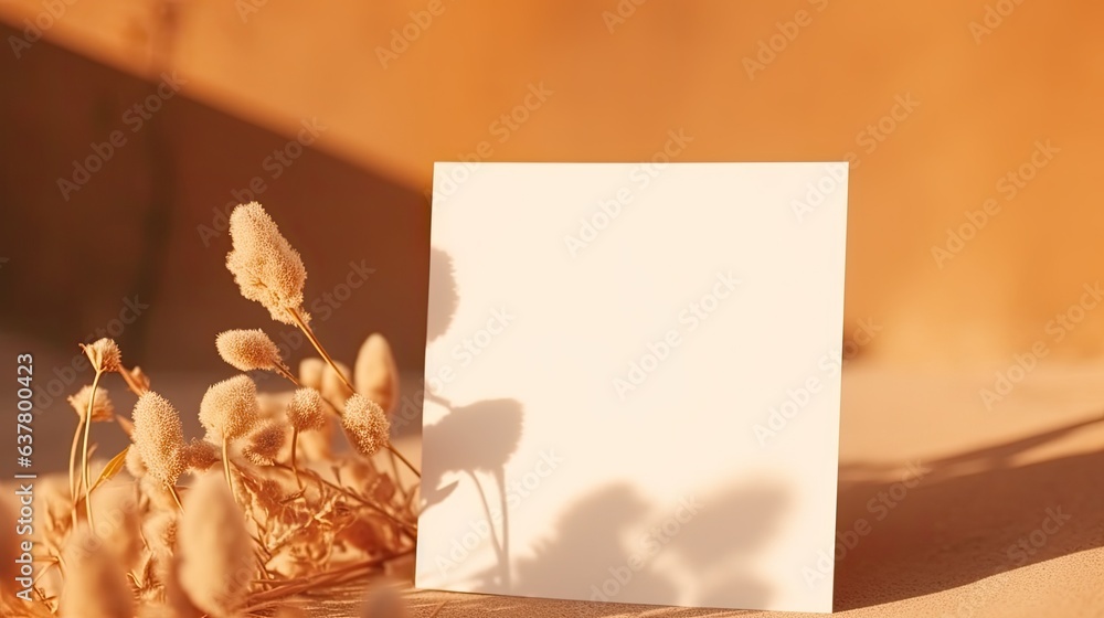 Poster background with blank mockup copy space and dried flower grass on tan paper card illuminated by soft
