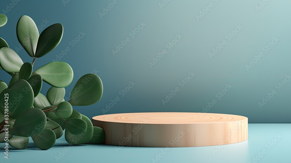 Poster wood slice podium with eucalyptus leaves and shadows on blue background 3d render minimal concept ad
