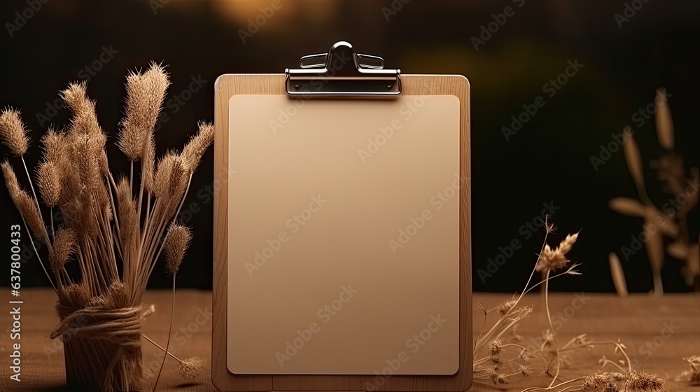 Aufkleber clipboard with paper and dried flower grass on dark background with soft sunlight. mockup image