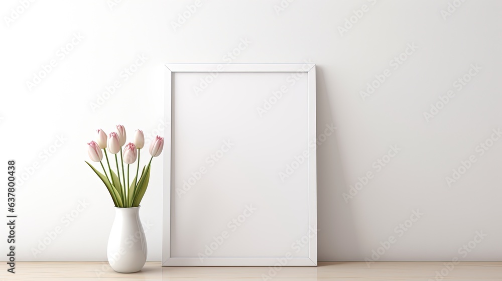 Poster minimalist sustainable branding or interior design template with a white picture frame on a shelf su