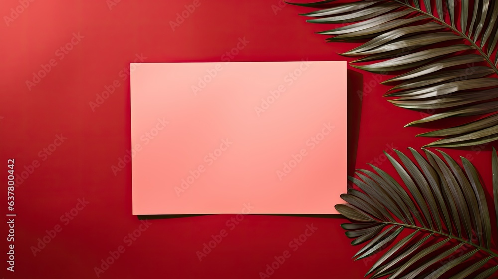 Aufkleber Red background with a blank card and palm leaf on it minimalistic business template . Mockup image