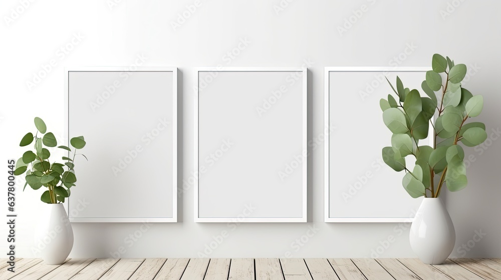 Aufkleber mockup of three frames with blank squares for artwork or print on white or gray wall with eucalyptus