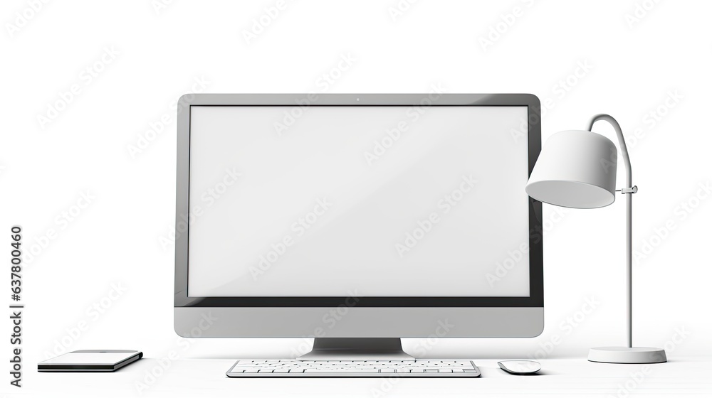 Fototapete White background with computer lamp and table folder . Mockup image