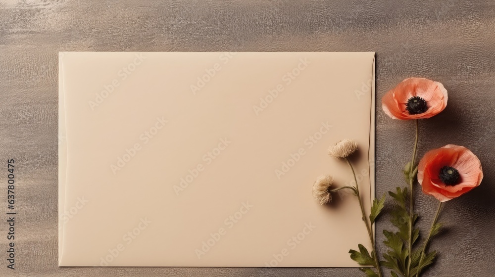 Aufkleber blank wedding invitation card template with copy space on kraft envelope and poppy stem design for b