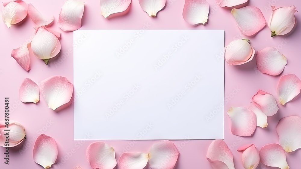Poster minimal valentine s day template with a blank card pink rose petals in flat lay view. mockup image
