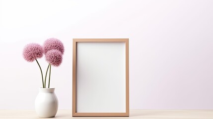 Still life with Allium flowers blank frame on white background. Mockup image