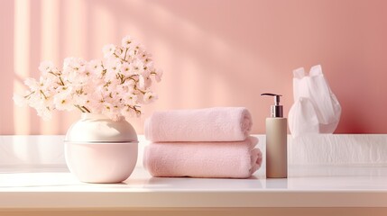 Obraz na płótnie Canvas Pastel pink bathroom decor with elegant accessories and soft lighting . Mockup image
