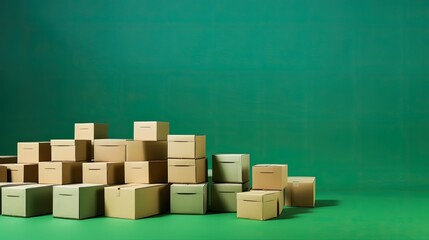 Organized cardboard boxes on green backdrop with room for text. Mockup image