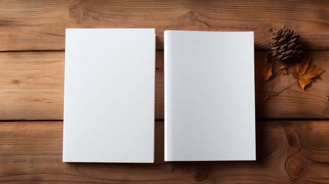 Two blank paper books on a wooden surface. Mockup image