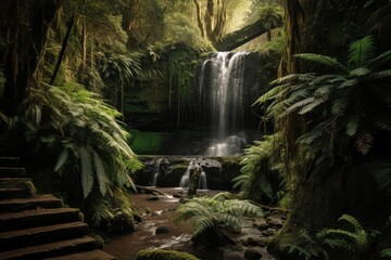Fototapeta premium A majestic waterfall in a vibrant green forest