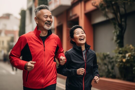 Sports And Physical Education As A Lifestyle. A Sporty Middle-aged Asian Couple Jogging Through The Streets Of Their Neighborhood.