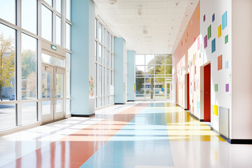 Empty school corridor with tall windows allowing natural light, and floor covered with bright tiles. Maps, student works, and awards hang on the walls. Banner. Generative Ai content.