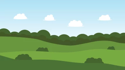 Foto op Plexiglas landscape cartoon scene with green hills and white cloud in summer blue sky background © piggu