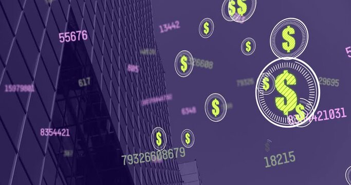 Animation of multiple changing numbers and dollar symbols against low angle view of tal building