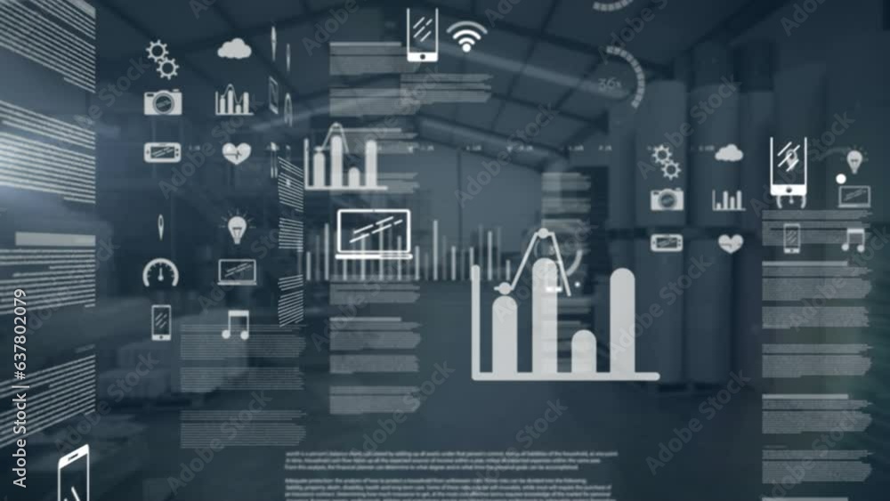 Poster animation of interface with data processing and light spot against warehouse
