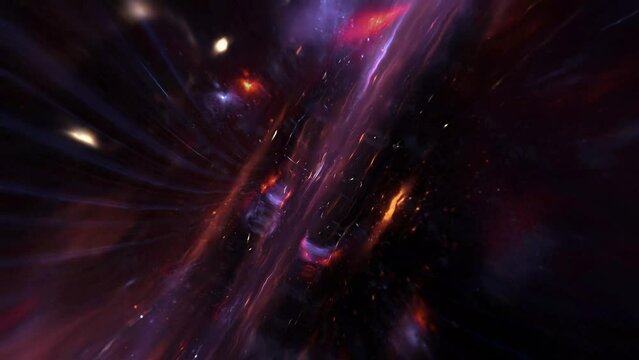 Red universe warping space and time, cosmic background. Seamless Loop