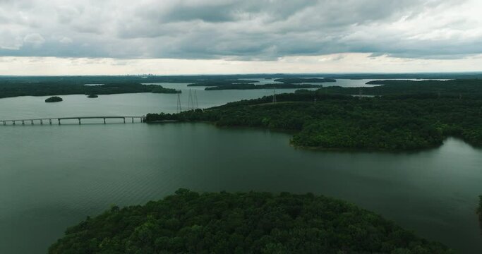 Cloudy Sky Over Long Hunter State Park On The Shores Of Percy Priest Lake In Hermitage, Tennessee, USA. aerial pan right