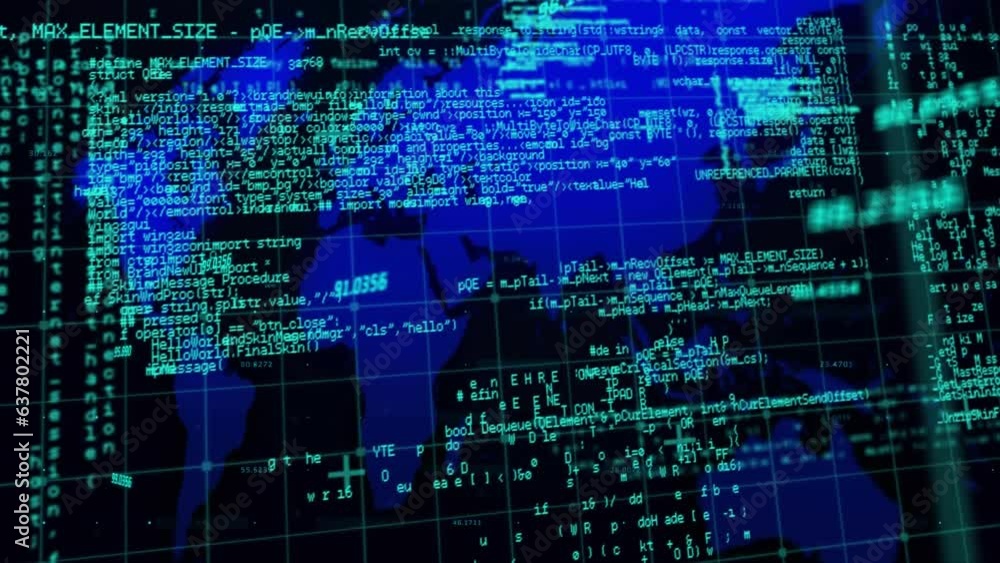 Poster animation of data processing over grid network against world map on black background