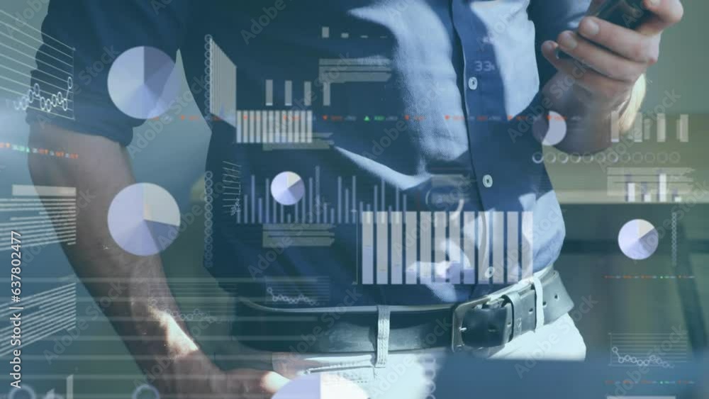 Poster animation of statistical data processing over mid section of a man using smartphone at office