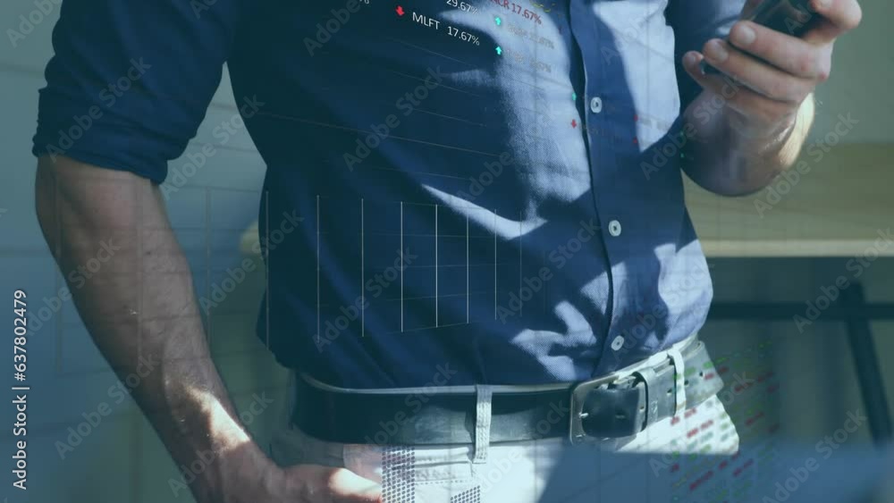 Poster animation of statistical data processing over mid section of a man using smartphone at office